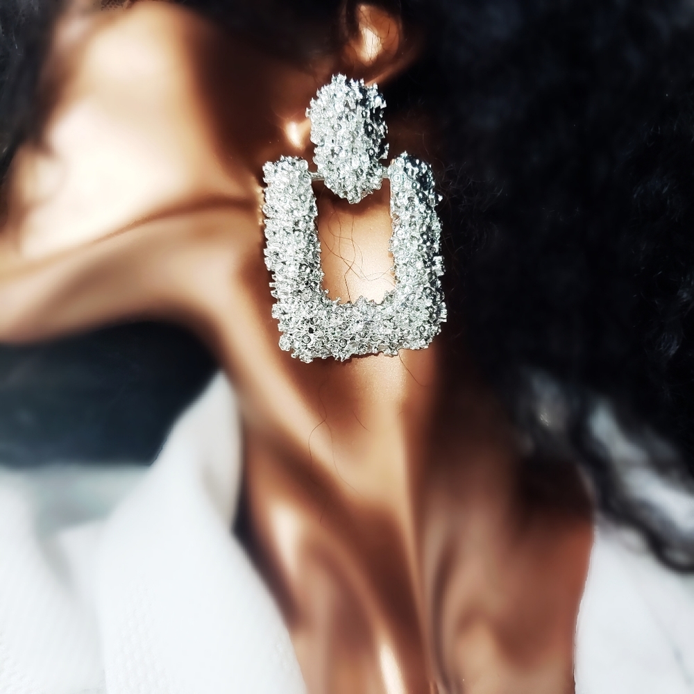 JO&M Textured Silver Square Drop Earrings